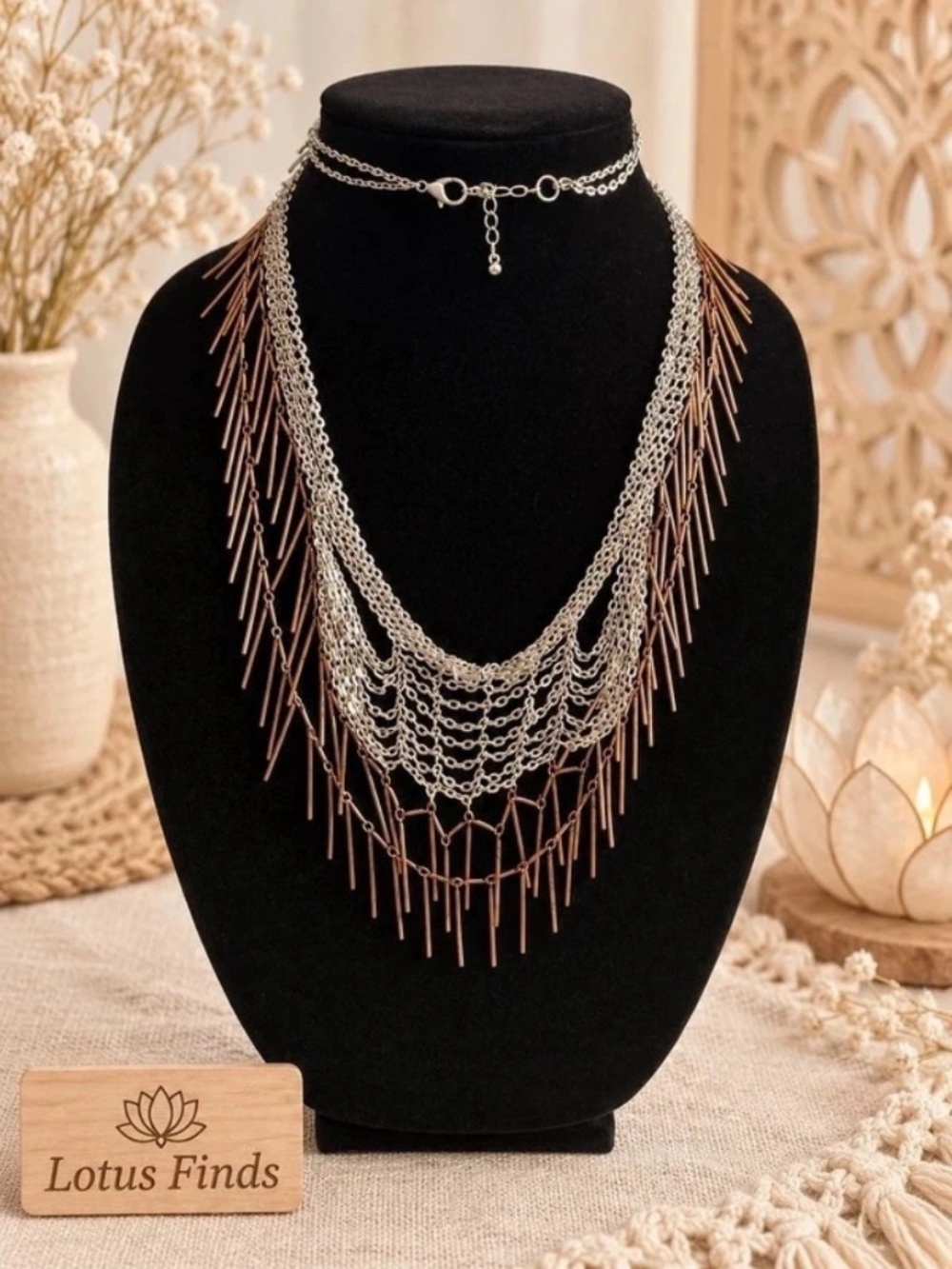 Silver & Copper Multilayer Fringe Statement Necklace